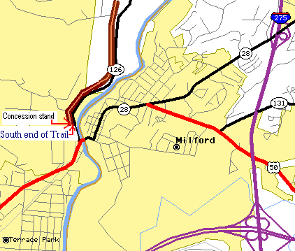 Milford is the south end of the Little Miami River bicycle trail of the Ohio Bike trails.