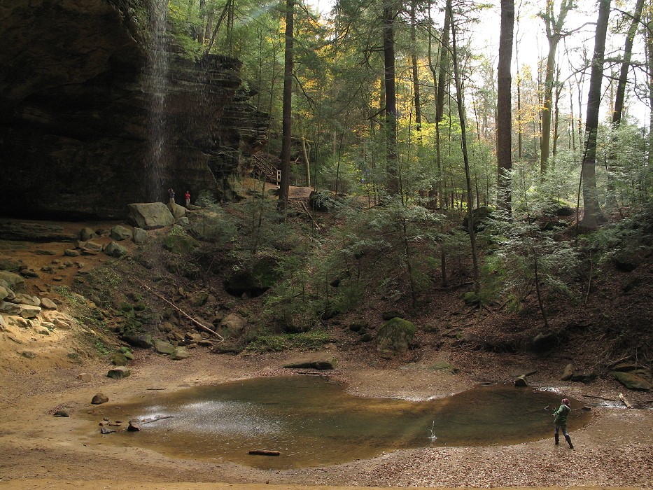 Photographs of the water fall basin of Ash Cave within Hocking Hills State Park.